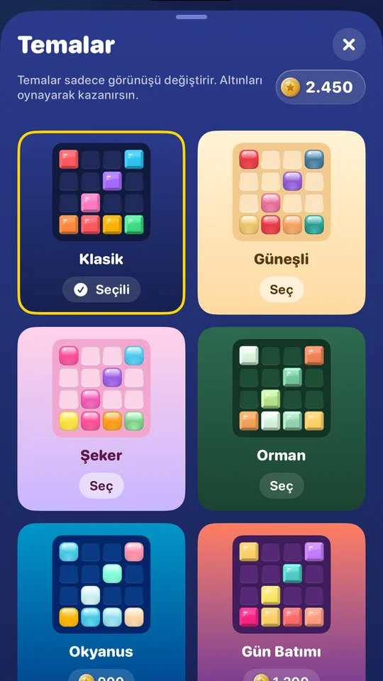 Tema seçimi ekranı